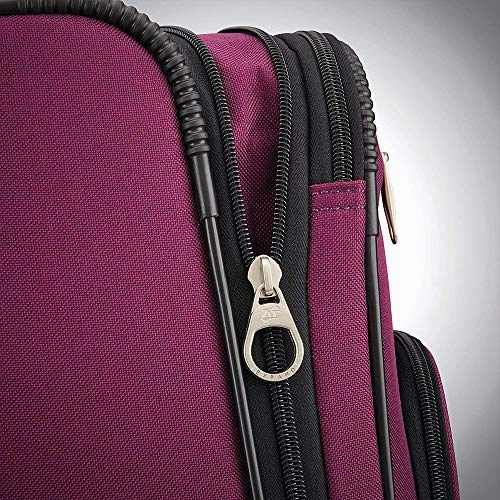 American Tourister Pop Max 3 Piece Luggage Spinner Set 29 Inch, 25 Inch, 21 Inch Berry (115358-1944) Bundle with Luggage Accessory Kit (Neck Pillow, Notepad, Passport Case, Ear Plugs (6 Items))