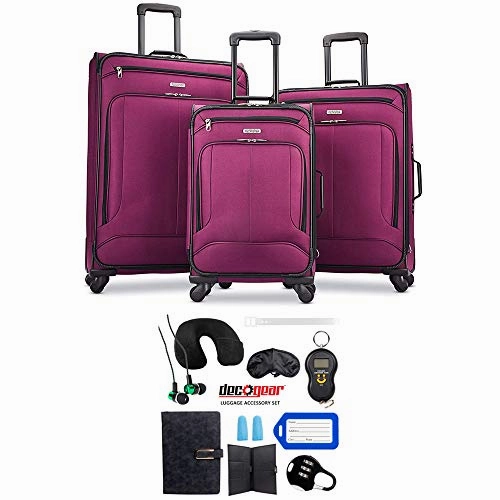 American Tourister Pop Max 3 Piece Luggage Spinner Set 29 Inch, 25 Inch, 21 Inch Berry (115358-1944) Bundle with Luggage Accessory Kit (Neck Pillow, Notepad, Passport Case, Ear Plugs (6 Items))