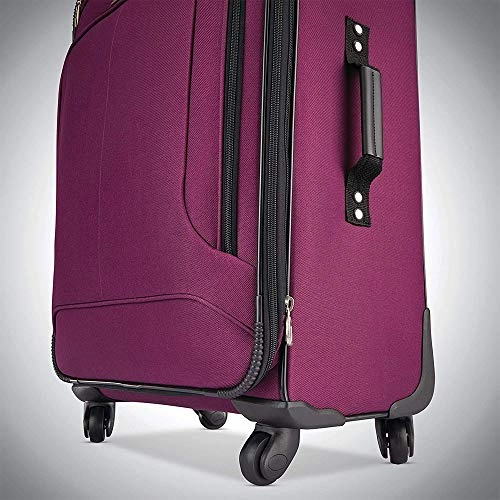 American Tourister Pop Max 3 Piece Luggage Spinner Set 29 Inch, 25 Inch, 21 Inch Berry (115358-1944) Bundle with Luggage Accessory Kit (Neck Pillow, Notepad, Passport Case, Ear Plugs (6 Items))