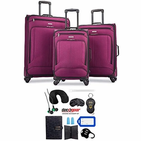 American Tourister Pop Max 3 Piece Luggage Spinner Set 29 Inch, 25 Inch, 21 Inch Berry (115358-1944) Bundle with Luggage Accessory Kit (Neck Pillow, Notepad, Passport Case, Ear Plugs (6 Items))