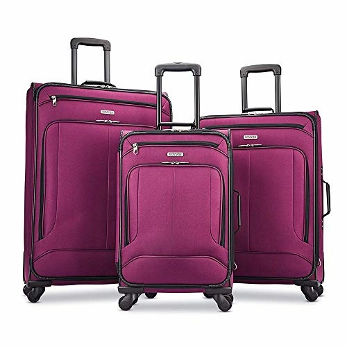 American Tourister Pop Max 3 Piece Luggage Spinner Set 29 Inch, 25 Inch, 21 Inch Berry (115358-1944) Bundle with Luggage Accessory Kit (Neck Pillow, Notepad, Passport Case, Ear Plugs (6 Items))