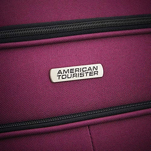 American Tourister Pop Max 3 Piece Luggage Spinner Set 29 Inch, 25 Inch, 21 Inch Berry (115358-1944) Bundle with Luggage Accessory Kit (Neck Pillow, Notepad, Passport Case, Ear Plugs (6 Items))