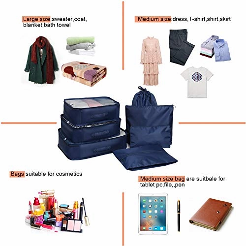 Aoolife 7 Set Travel Storage Bags Packing cubes Multi-functional Clothing Sorting Packages,Travel Packing Pouches,Luggage Organizer with shoe bag (Dark blue)