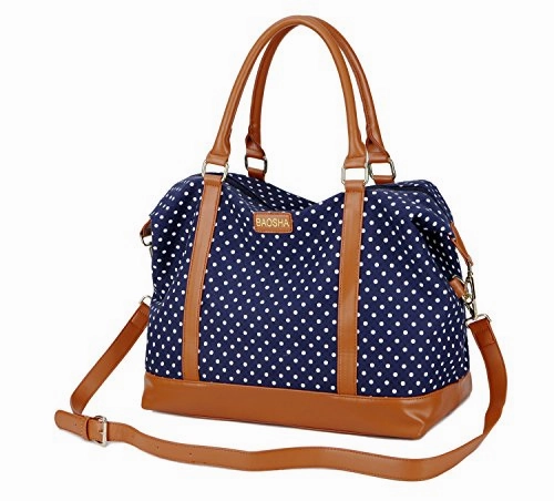 BAOSHA HB-28 Ladies Women Canvas Travel Weekender Bag Overnight Carry-on Shoulder Duffel Tote Bag (Blue Dot)