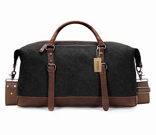 BAOSHA Oversized Canvas PU Leather Travel Tote Duffel Bag Weekender Overnight Bag (Black)