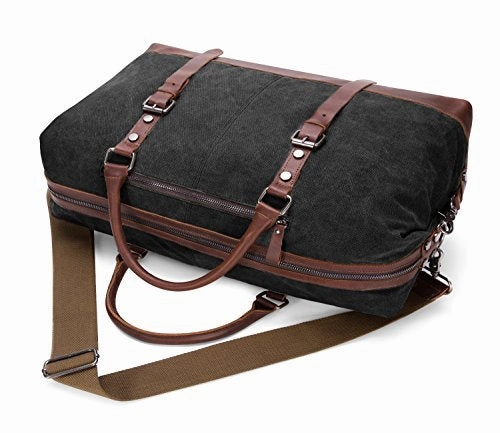 BAOSHA Oversized Canvas PU Leather Travel Tote Duffel Bag Weekender Overnight Bag (Black)