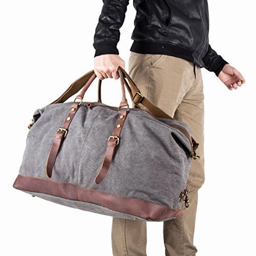 BAOSHA Oversized Canvas PU Leather Travel Tote Duffel Bag Weekender Overnight Bag (Black)