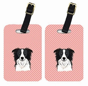 Caroline'S Treasures Bb1241Bt Pair Of Checkerboard Pink Border Collie Luggage Tags , Large,