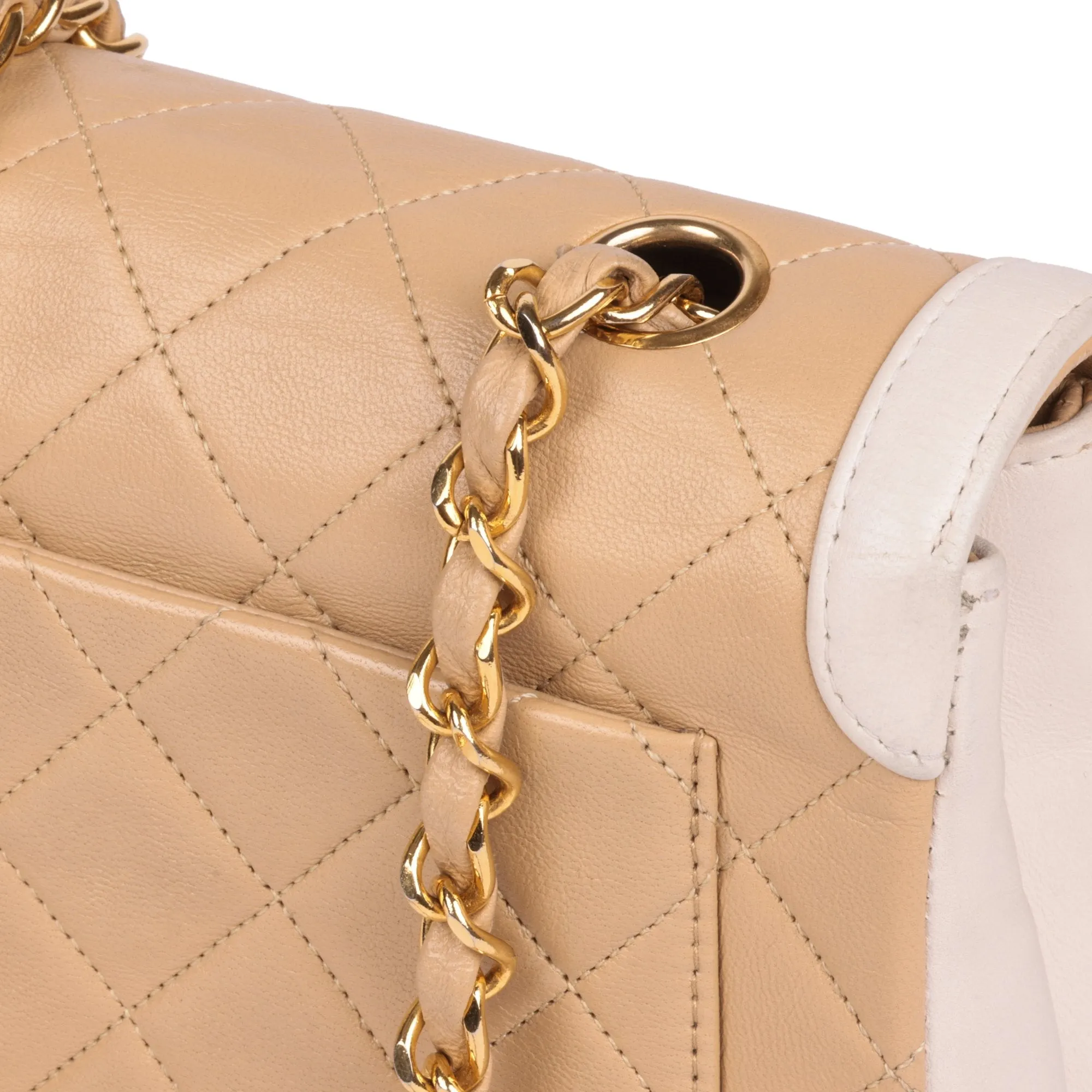 Chanel Beige & White Quilted Lambskin Vintage Mini Classic Single Flap Bag with Wallet Shoulder Bag