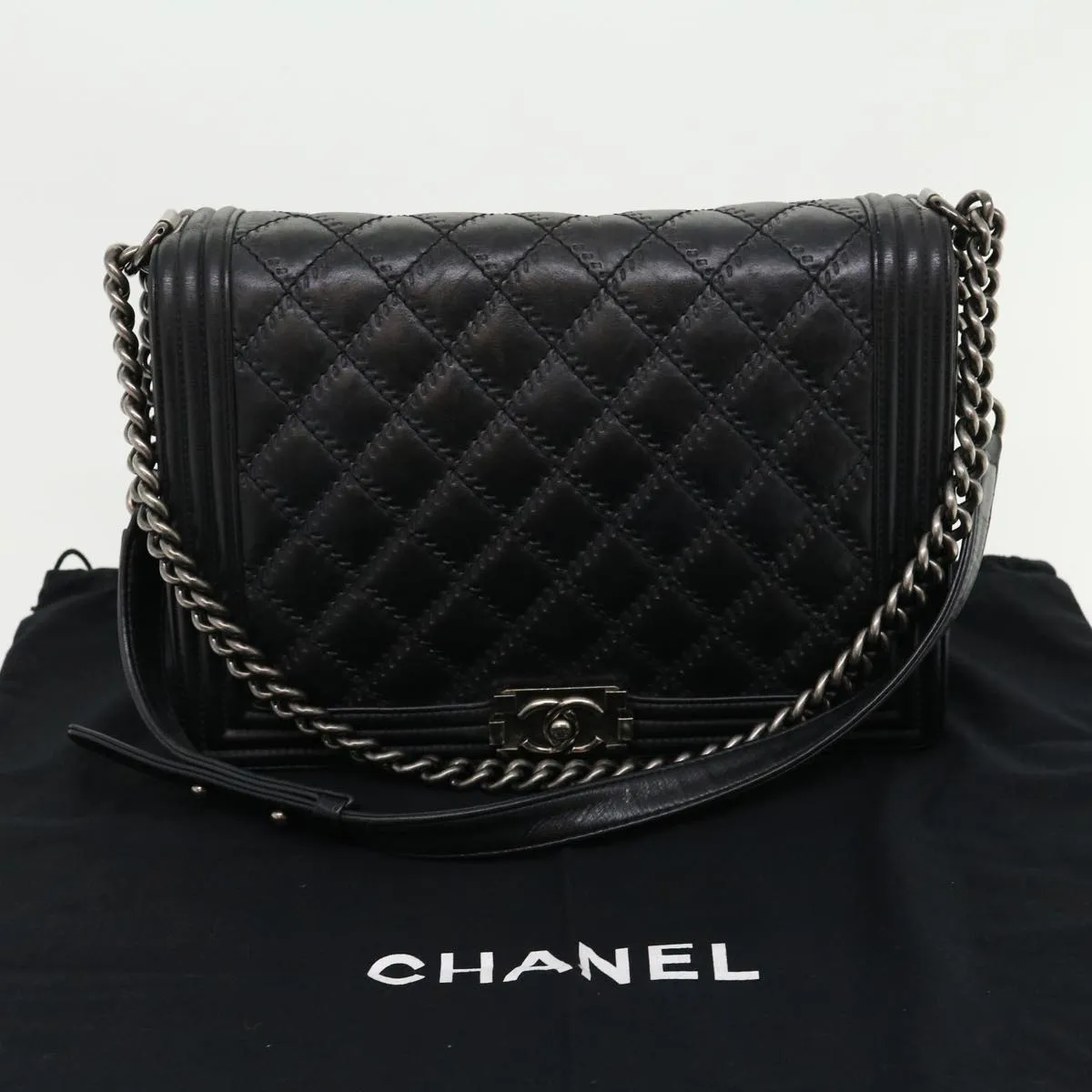 CHANEL Big Matelasse Boy  Chain Shoulder Bag Lamb Skin Black Auth 30943A