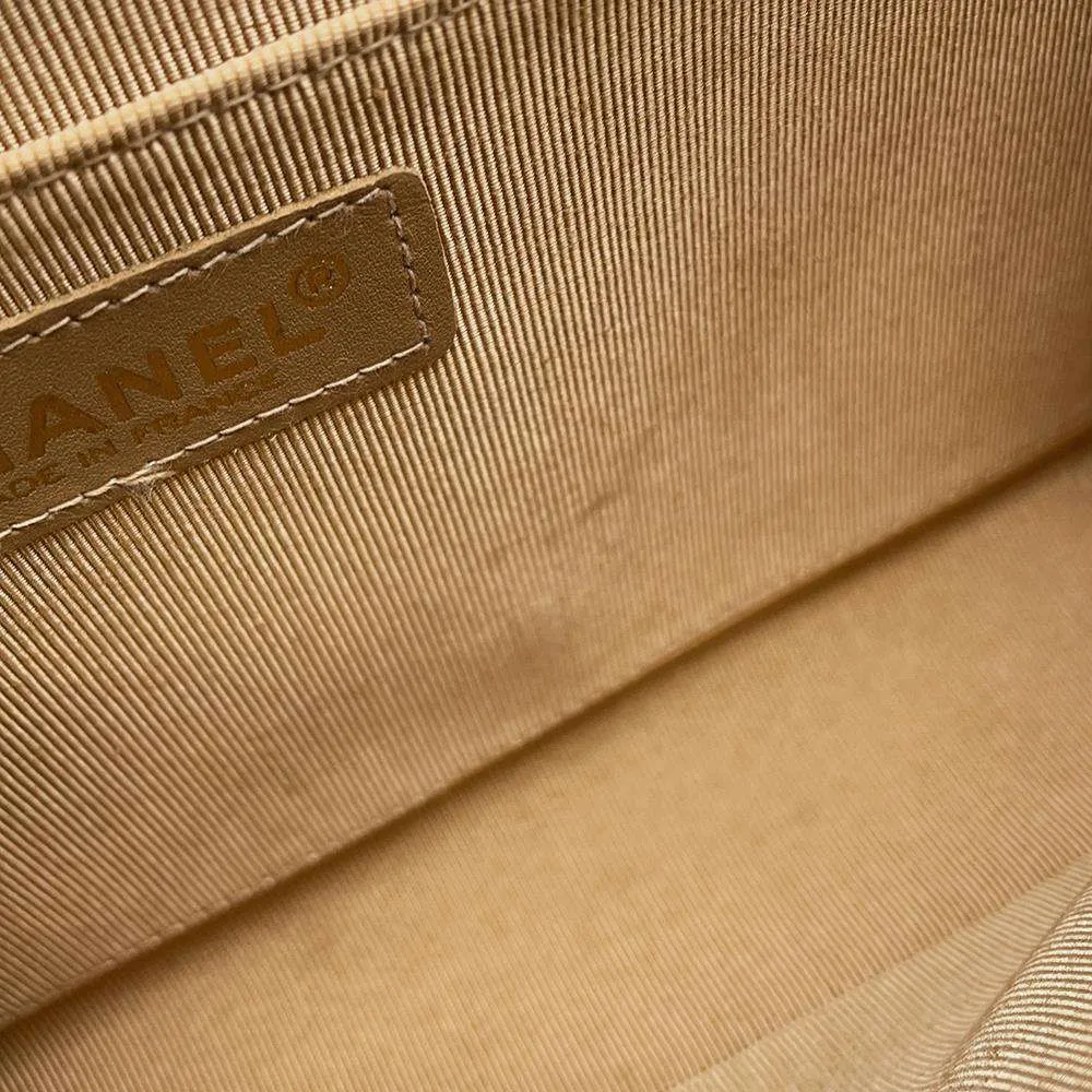 CHANEL CC Logo Wild Stitch Double Chain Shoulder Bag Beige A14687 Calf Leather