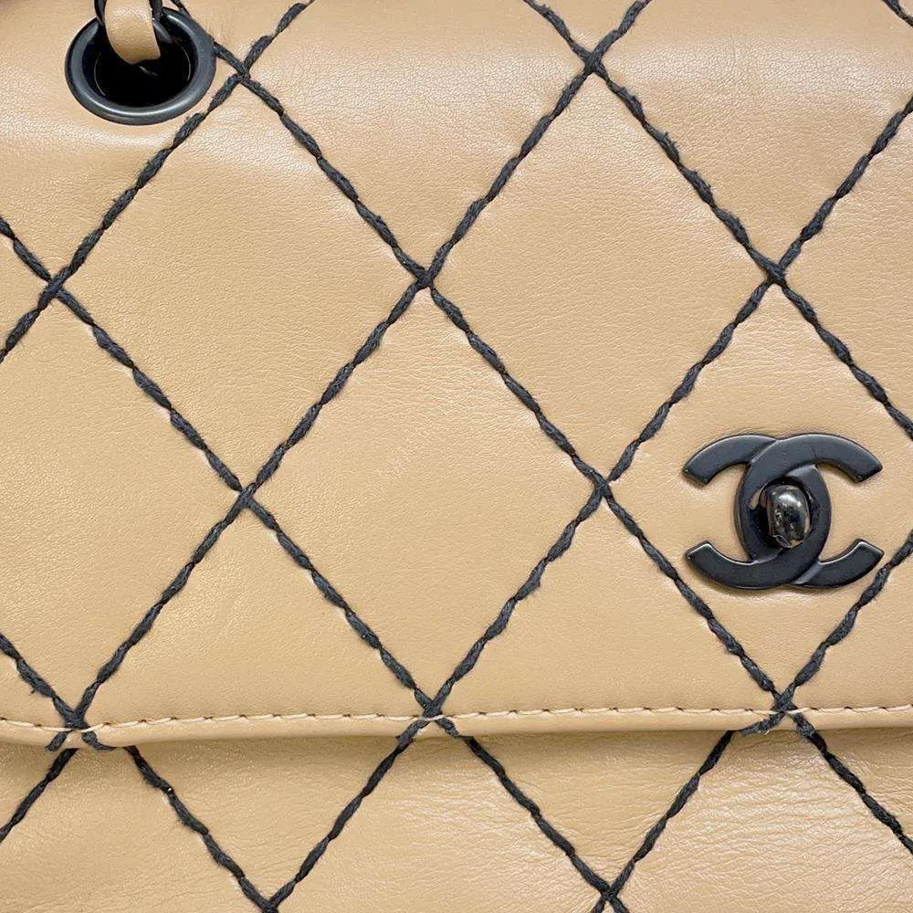 CHANEL CC Logo Wild Stitch Double Chain Shoulder Bag Beige A14687 Calf Leather