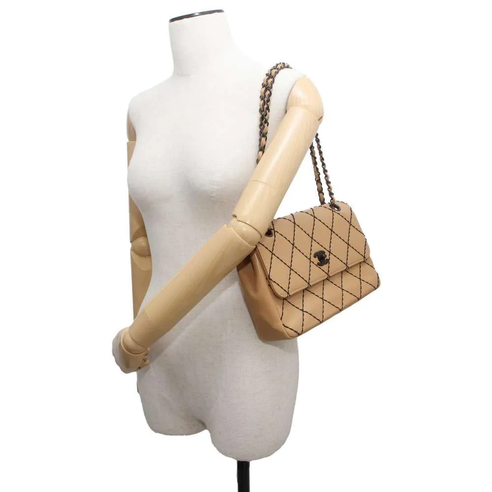 CHANEL CC Logo Wild Stitch Double Chain Shoulder Bag Beige A14687 Calf Leather