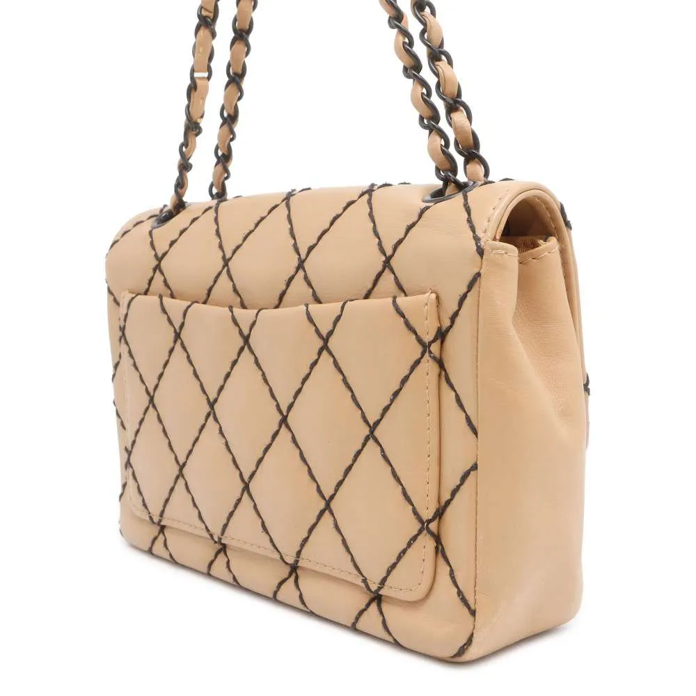 CHANEL CC Logo Wild Stitch Double Chain Shoulder Bag Beige A14687 Calf Leather