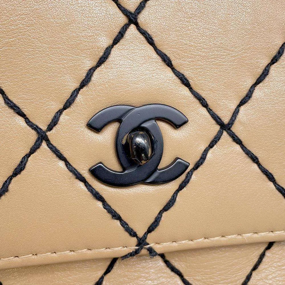CHANEL CC Logo Wild Stitch Double Chain Shoulder Bag Beige A14687 Calf Leather