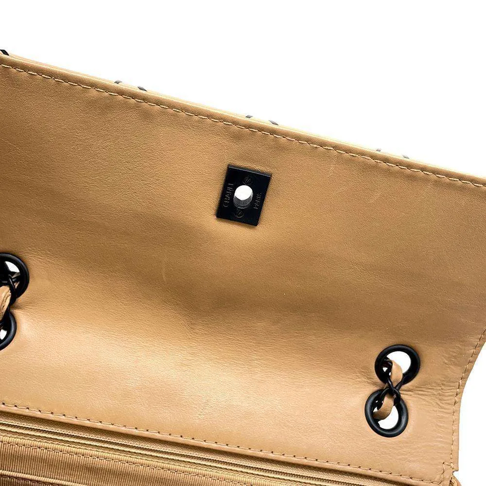 CHANEL CC Logo Wild Stitch Double Chain Shoulder Bag Beige A14687 Calf Leather
