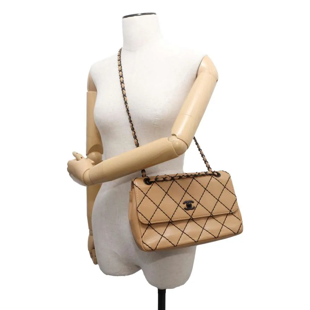 CHANEL CC Logo Wild Stitch Double Chain Shoulder Bag Beige A14687 Calf Leather