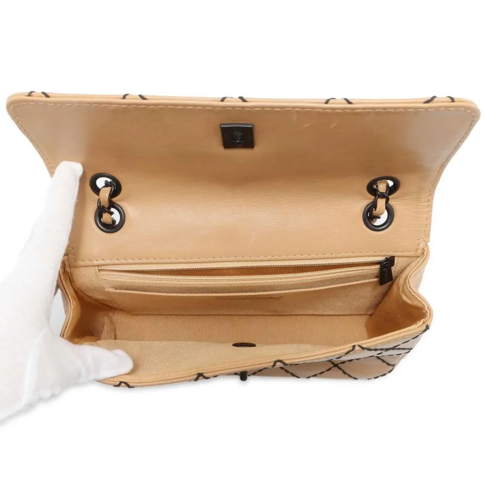 CHANEL CC Logo Wild Stitch Double Chain Shoulder Bag Beige A14687 Calf Leather