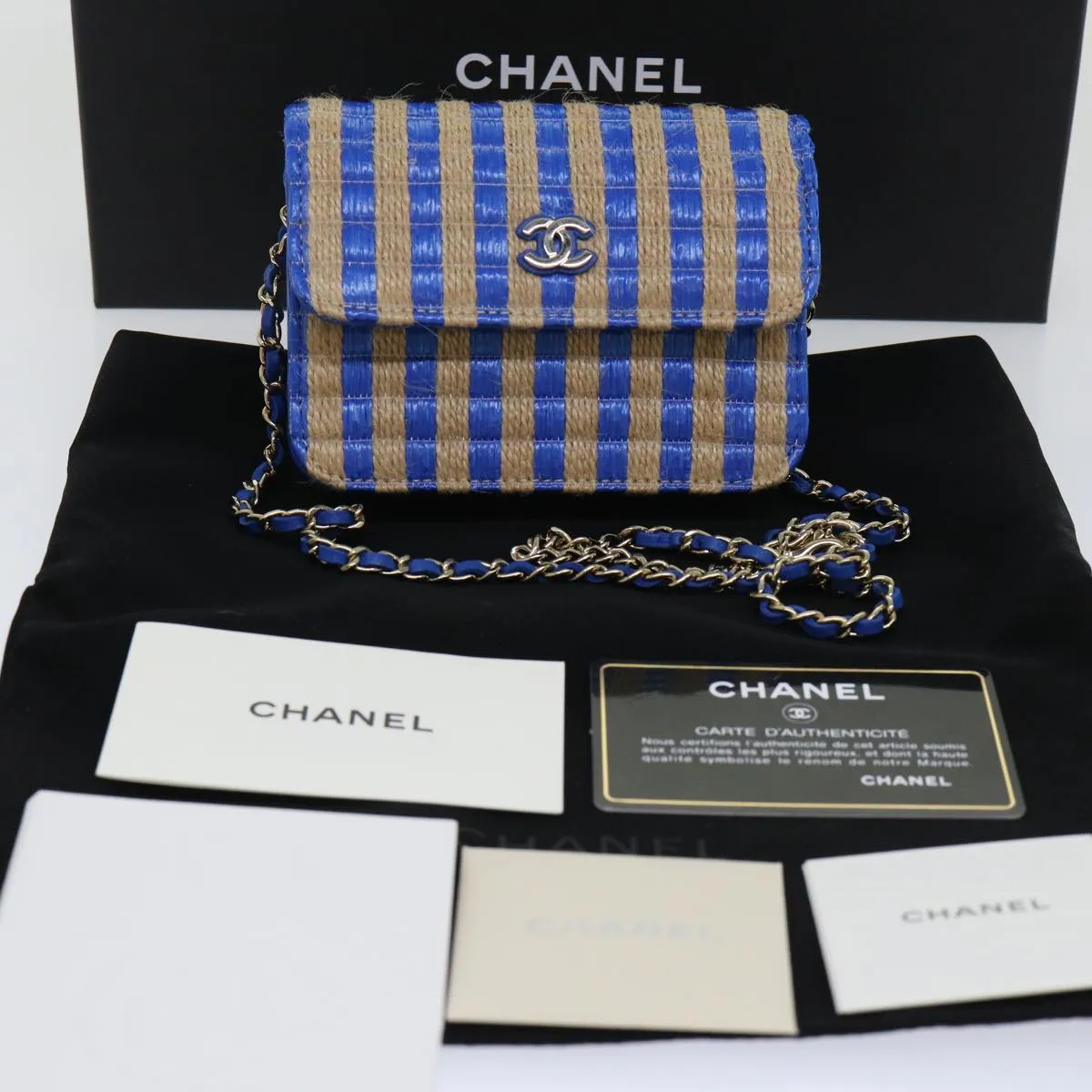 CHANEL Chain Shoulder Bag Raffia Blue Beige CC Auth 51139A