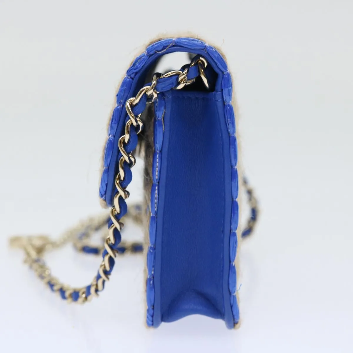 CHANEL Chain Shoulder Bag Raffia Blue Beige CC Auth 51139A