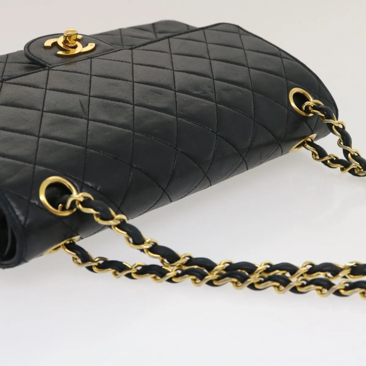 CHANEL Matelasse25 Double Chain Flap Shoulder Bag Lamb Skin Black CC Auth lt482A