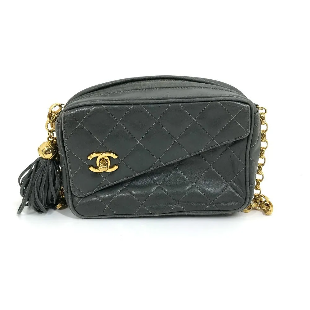 CHANEL Shoulder Bag lambskin Gray type CC COCO Mark Matrasse Fringe Women Used