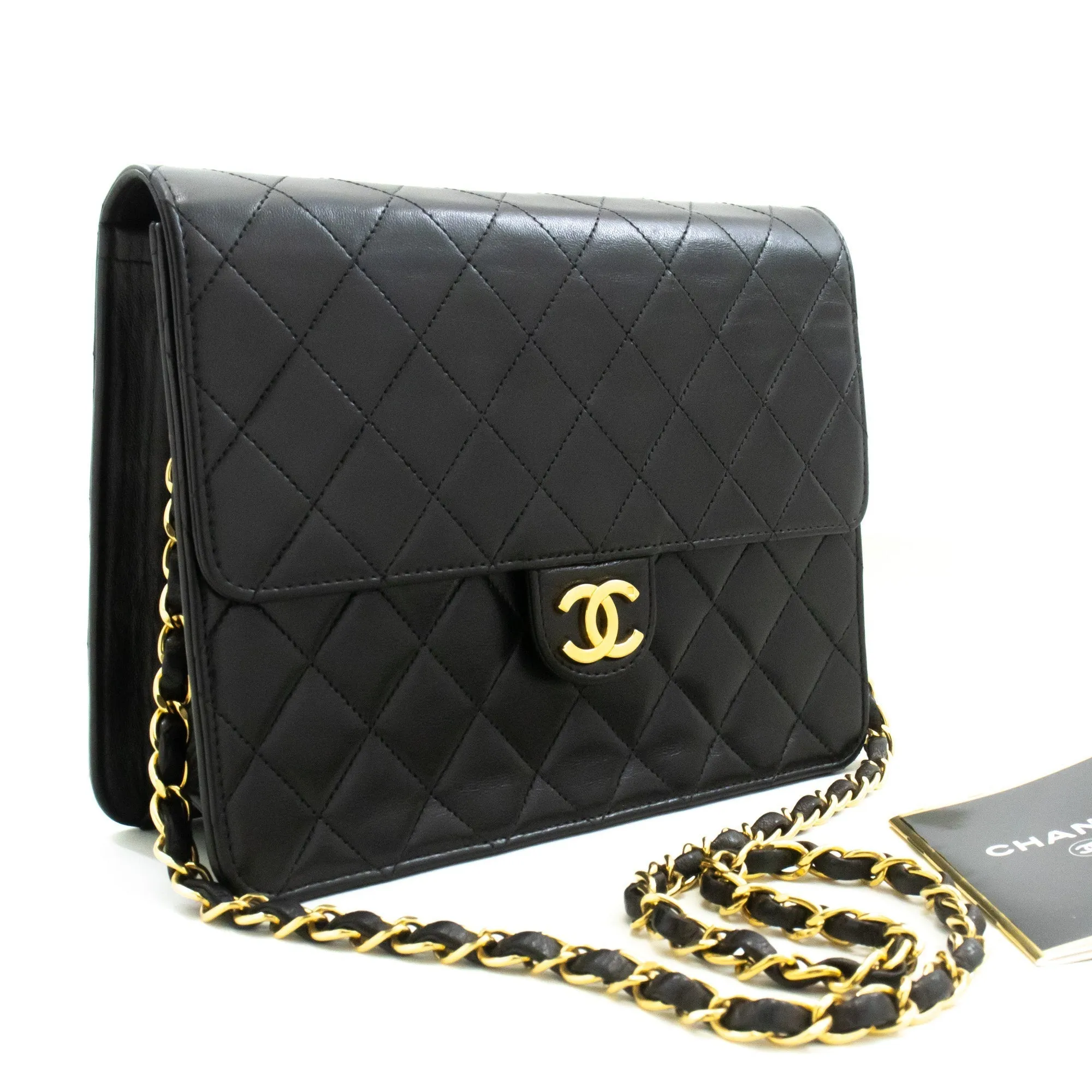 CHANEL Small Chain Shoulder Bag Clutch Black Quilted Flap Lambskin