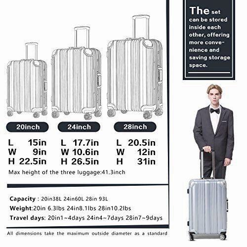 Coolife Luggage Aluminium Frame Suitcase with TSA Lock 100% PC (S(20in), Wine red)