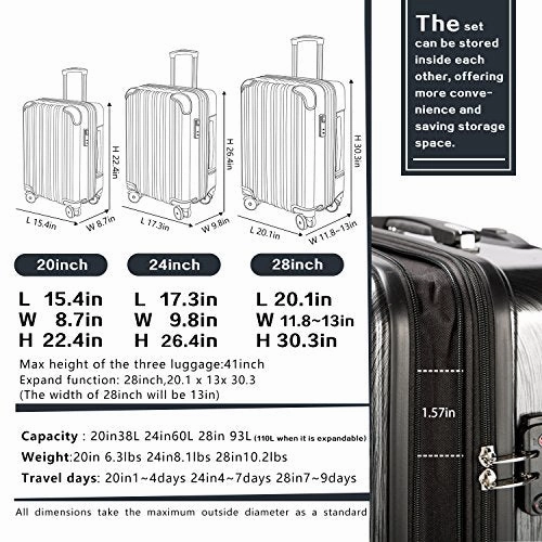 Coolife Luggage Expandable 3 Piece Sets PC ABS Spinner Suitcase 20 inch 24 inch 28 inch (green)