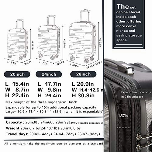 Coolife Luggage Expandable Suitcase 3 Piece Set with TSA Lock Spinner 20in24in28in (red)