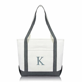 DALIX 20" K-Initial Tote Bag Monogrammed Cotton Canvas in Gray