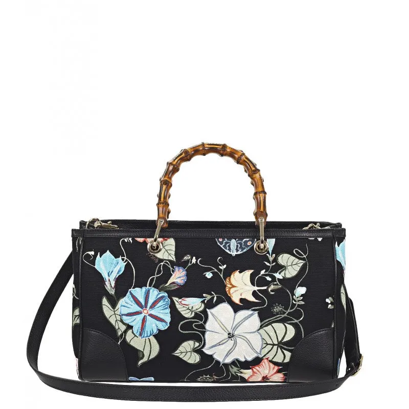 Gucci Black flora knight print canvas bamboo tote bag