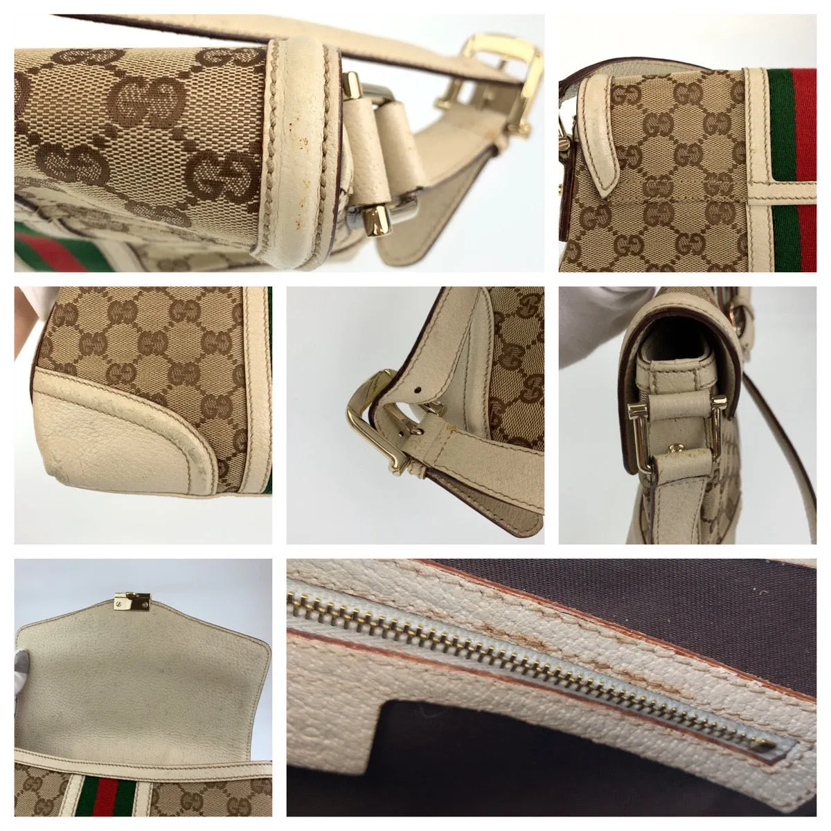 GUCCI Shoulder Bag GG canvas Beige Gold Metal Crossbody Shoulder Bag Pochette Sherry line Women Used
