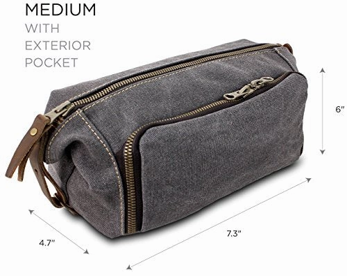 Habitoux -DOPP Kit Mens Toiletry Travel Bag YKK Zipper Canvas & Leather (Medium, Grey)