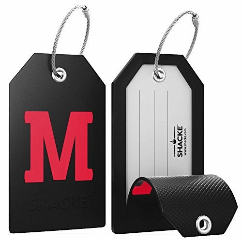 Initial Luggage Tag with Full Privacy Cover and Stainless Steel Loop (Black) (M)