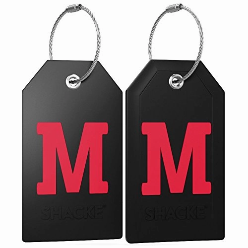 Initial Luggage Tag with Full Privacy Cover and Stainless Steel Loop (Black) (M)