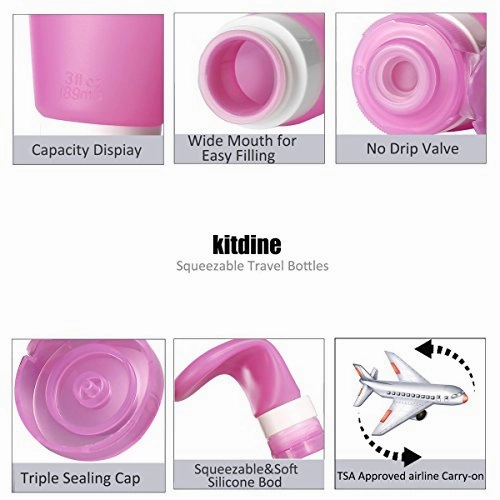 Kitdine Portable Soft Silicone Travel Bottles Set (3 Oz, Pink   White   Blue)