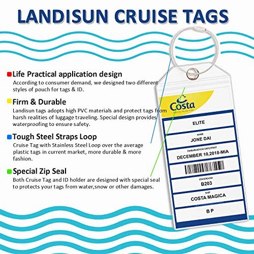 Landisun Cruise Tags Luggage Tag ID Holds with Zip Seal & Steel Loops Thick PVC Bag of 8 Pack.