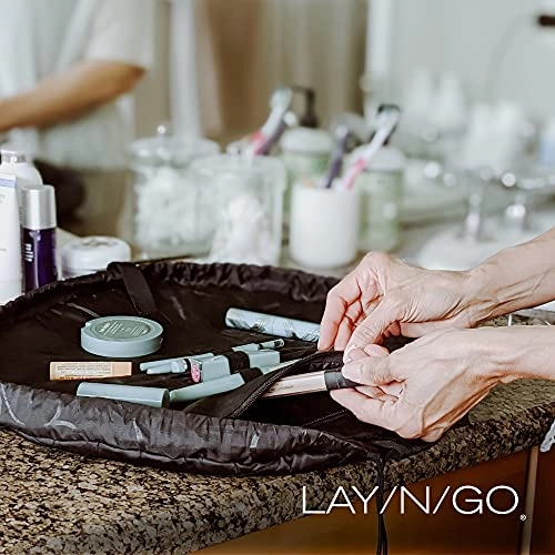 Lay-n-Go Cosmo Drawstring Makeup Organizer Cosmetic & Toiletry Bag for Travel, and Daily Use with a Durable Patented Design, 20 inch, Circles (Black/White)