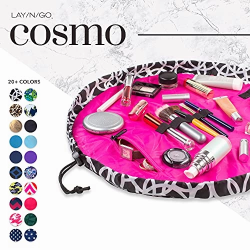Lay-n-Go Cosmo Drawstring Makeup Organizer Cosmetic & Toiletry Bag for Travel, and Daily Use with a Durable Patented Design, 20 inch, Circles (Black/White)