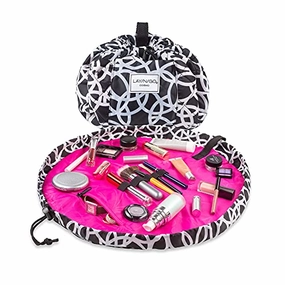 Lay-n-Go Cosmo Drawstring Makeup Organizer Cosmetic & Toiletry Bag for Travel, and Daily Use with a Durable Patented Design, 20 inch, Circles (Black/White)