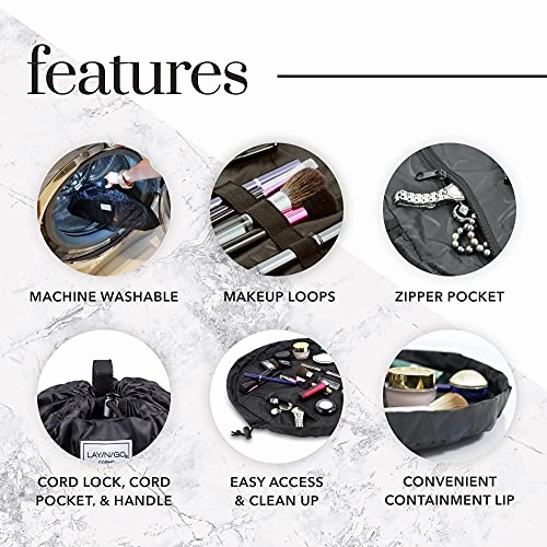 Lay-n-Go Cosmo Drawstring Makeup Organizer Cosmetic & Toiletry Bag for Travel, and Daily Use with a Durable Patented Design, 20 inch, Circles (Black/White)