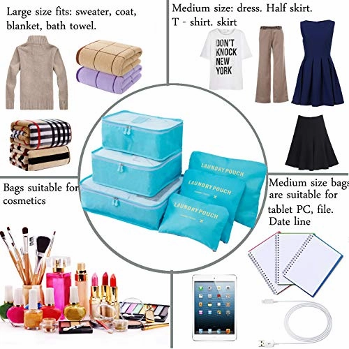 M-jump Clothes Storage Bags Packing Cube Travel Luggage Organizer Pouch,6 Set Travel Multi-functional Clothing Sorting Packages (Sky blue)