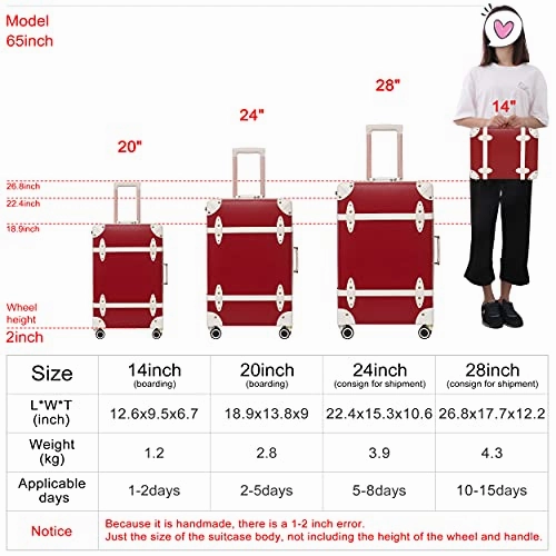NZBZ Vintage Luggage Set of 2 Pieces with TSA Lock Cute Retro Trunk luggage (Cherry Red, 14inch & 28inch)