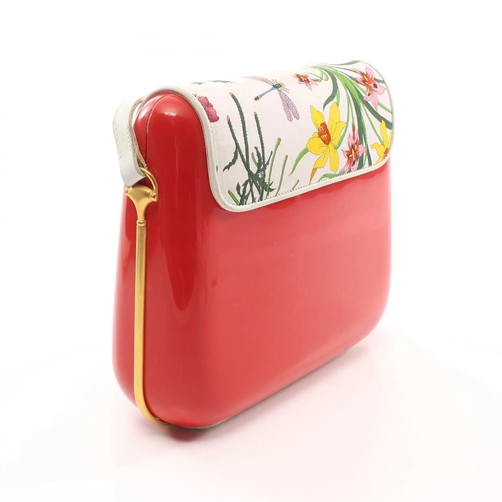 One of a kind, Gucci red Lucite cross body/shoulder bag with a leather floral flap top and gold horse-bit accents!