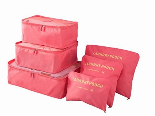 Packing Cubes 12 Pieces (2 Sets of 6) JuneBugz Light Weight Travel Cubes, Luggage/Suitcase Organizer with Laundry Bags| Space Saver Travel Accessory for Carry-on/Backpacks-Mellon Red/Gray
