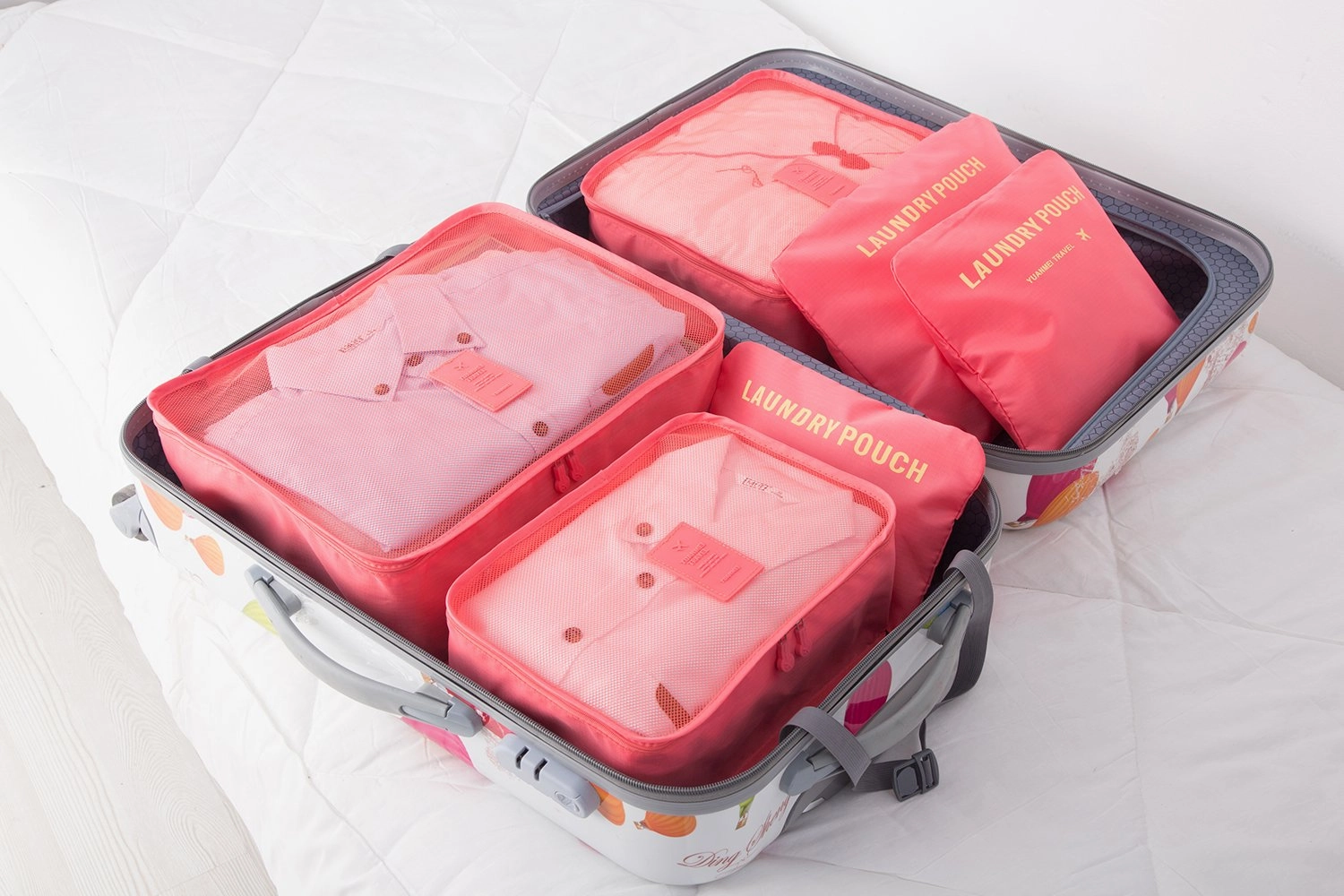 Packing Cubes 12 Pieces (2 Sets of 6) JuneBugz Light Weight Travel Cubes, Luggage/Suitcase Organizer with Laundry Bags| Space Saver Travel Accessory for Carry-on/Backpacks-Mellon Red/Gray