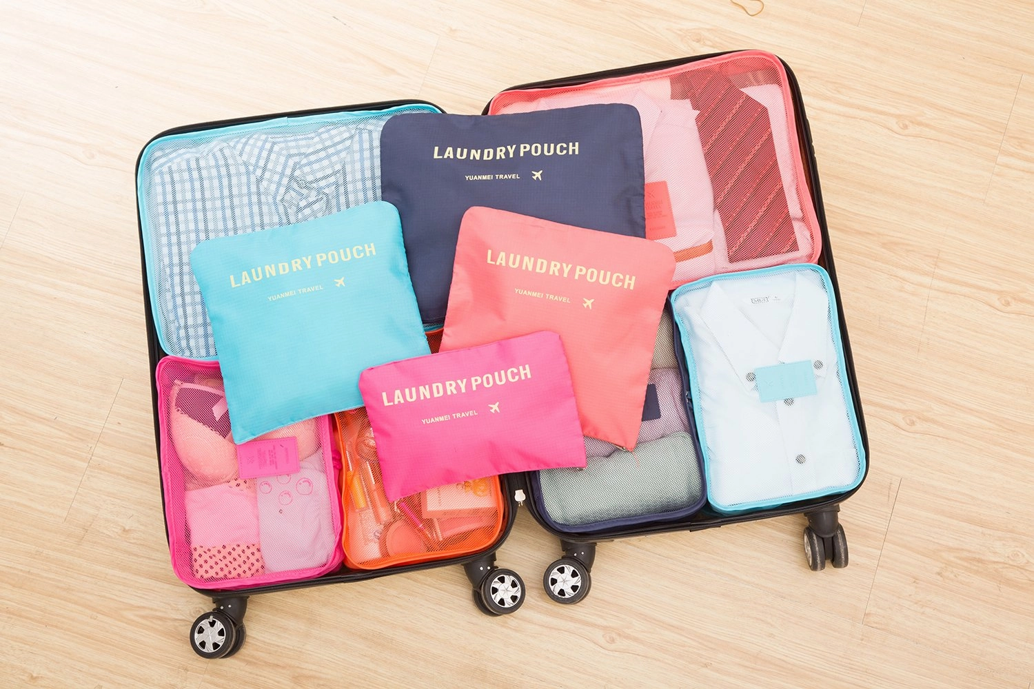 Packing Cubes 12 Pieces (2 Sets of 6) JuneBugz Light Weight Travel Cubes, Luggage/Suitcase Organizer with Laundry Bags| Space Saver Travel Accessory for Carry-on/Backpacks-Mellon Red/Gray