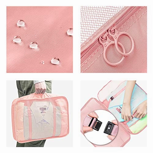 Packing Cubes VAGREEZ 7 Pcs Travel Luggage Packing Organizers Set with Toiletry Bag (Pink)