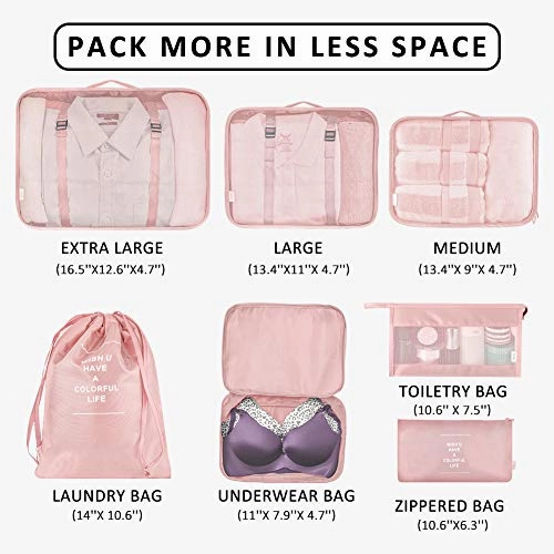 Packing Cubes VAGREEZ 7 Pcs Travel Luggage Packing Organizers Set with Toiletry Bag (Pink)